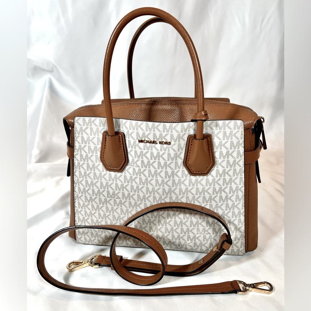 Michael Kors White/Brown Signature Canvas and Leather Tote Bag
